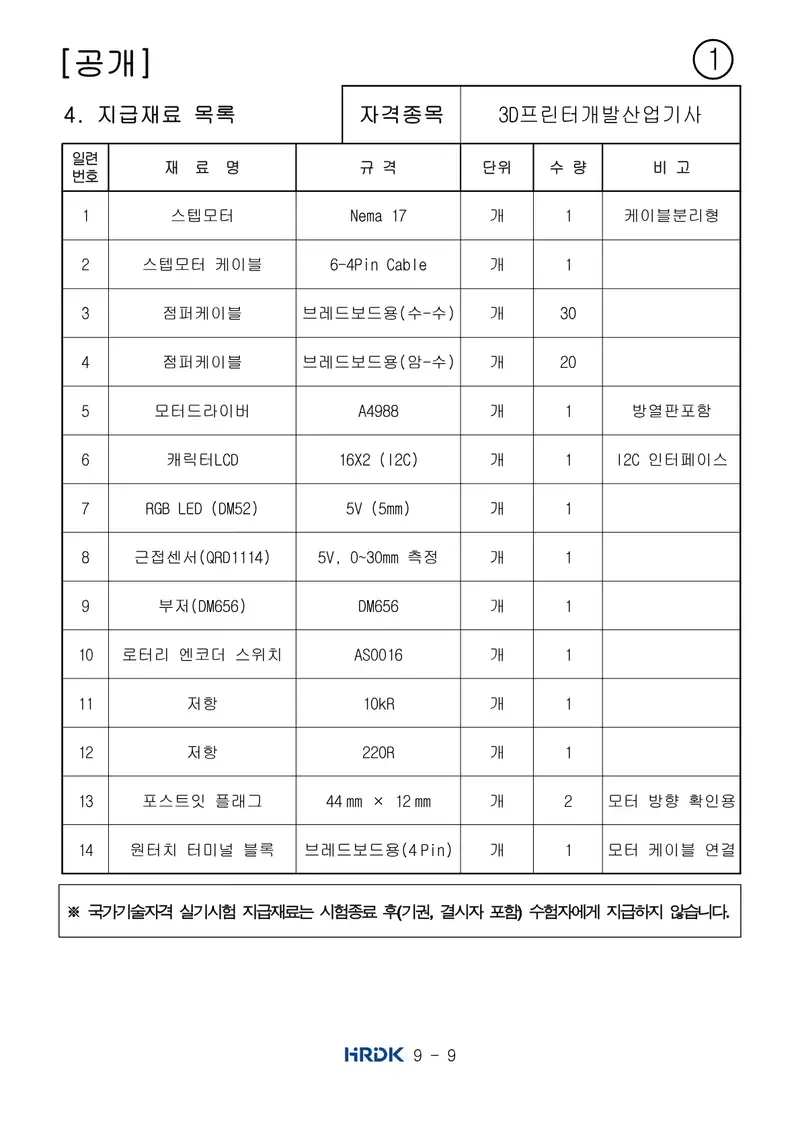 3D프린터개발산업기사 공개문제 9쪽 (한국산업인력공단 공식)