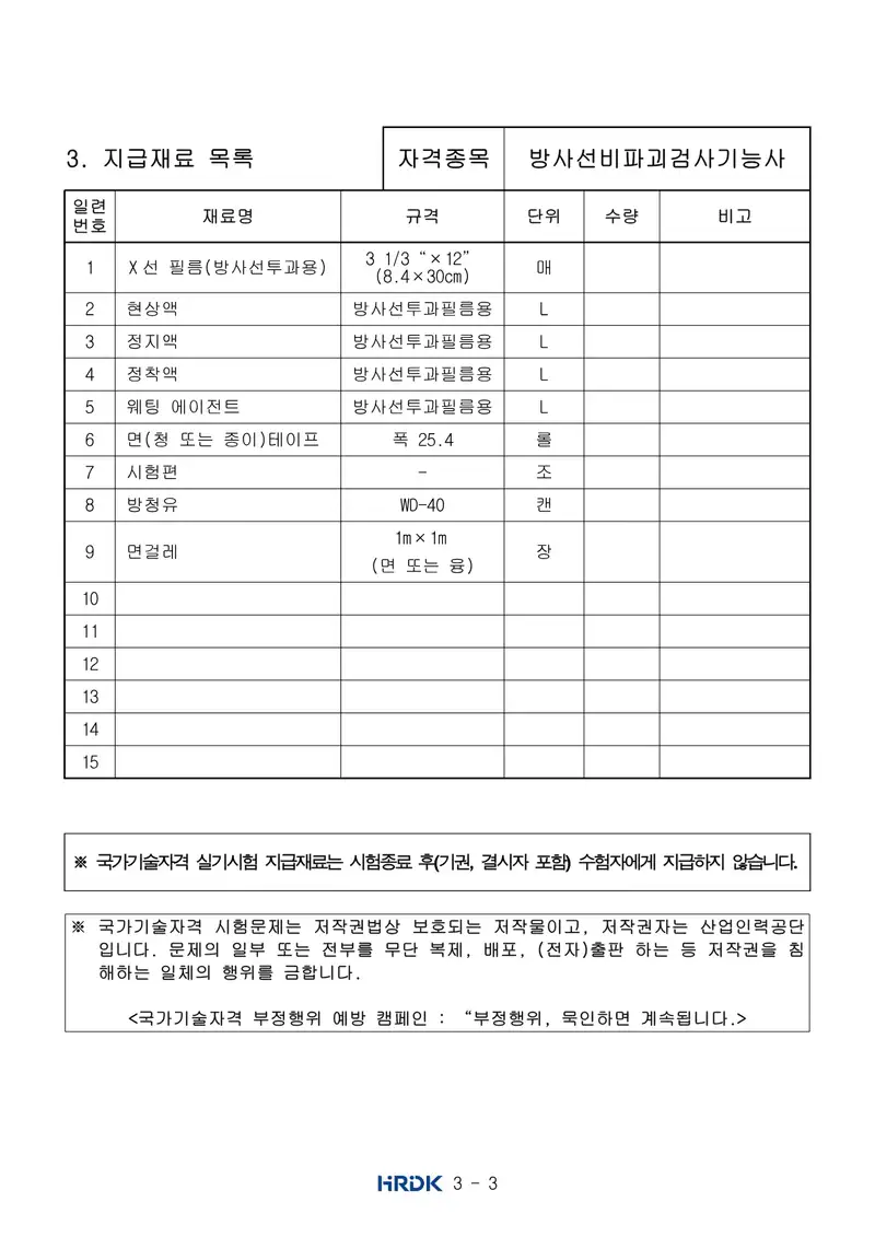 방사선비파괴검사기능사 공개문제 3쪽 (한국산업인력공단 공식)