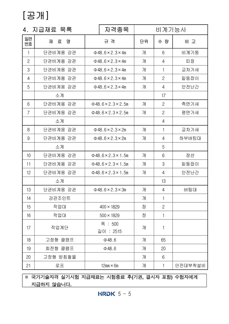 비계기능사 공개문제 5쪽 (한국산업인력공단 공식)