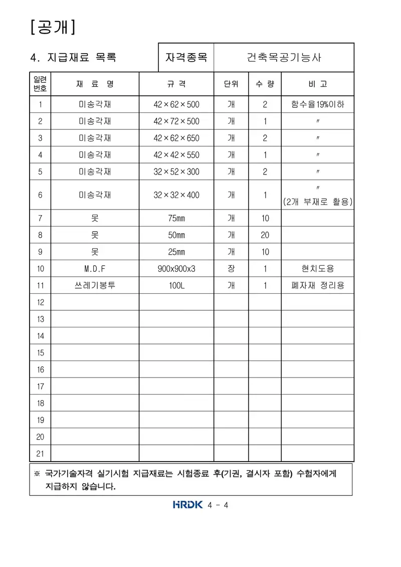건축목공기능사 공개문제 4쪽 (한국산업인력공단 공식)