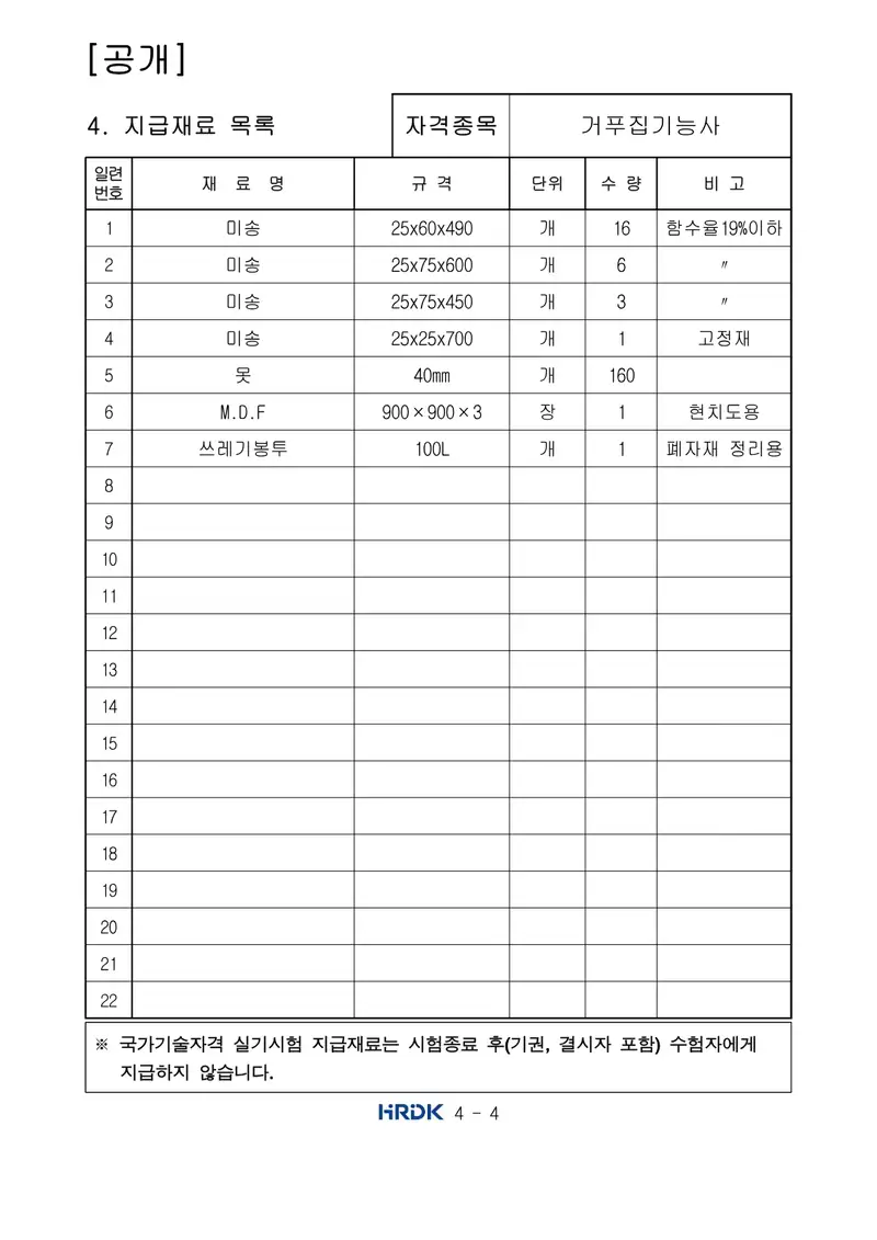 거푸집기능사 공개문제 4쪽 (한국산업인력공단 공식)