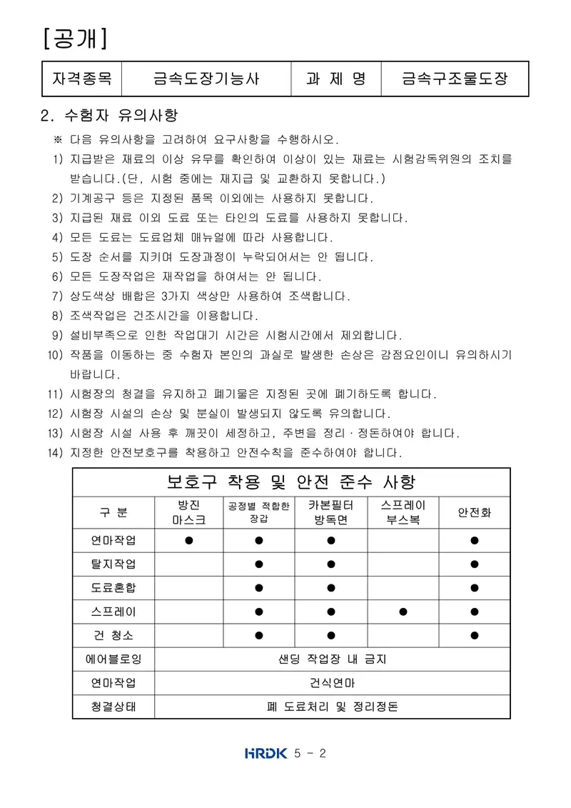 금속도장기능사 공개문제 2쪽 (한국산업인력공단 공식)