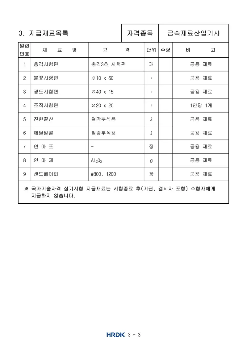 금속재료산업기사 공개문제 3쪽 (한국산업인력공단 공식)