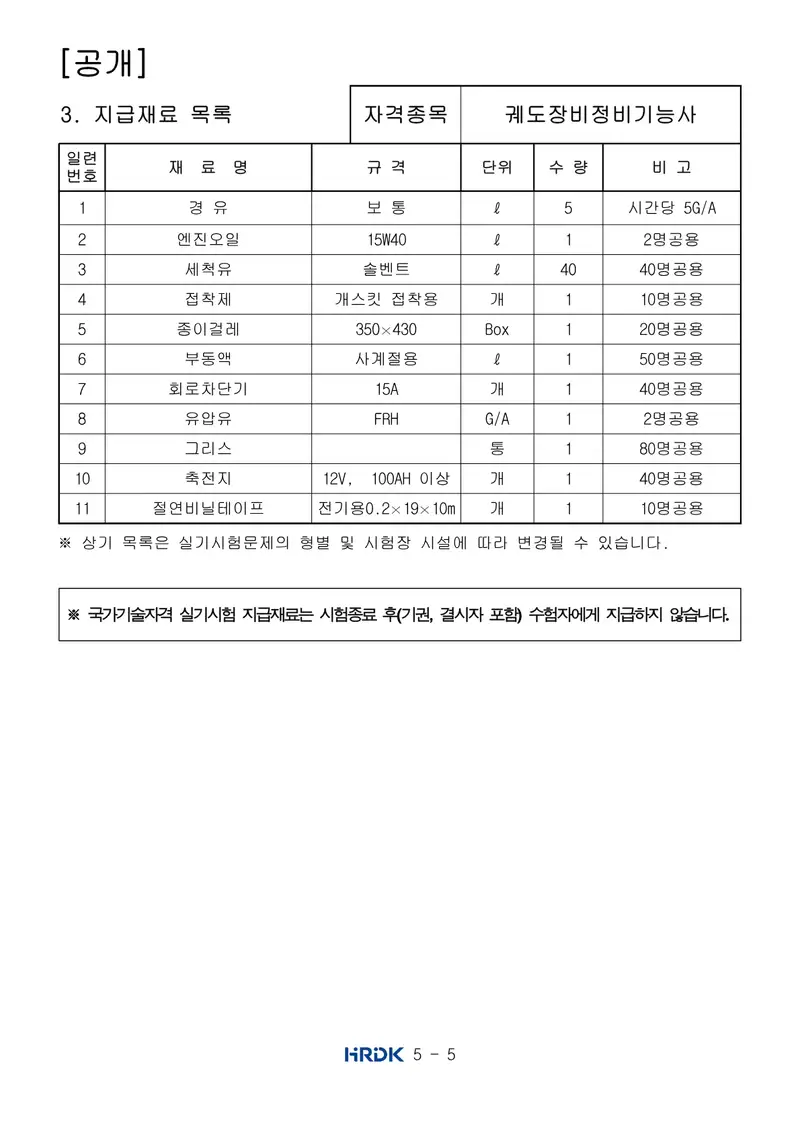 궤도장비정비기능사 공개문제 5쪽 (한국산업인력공단 공식)