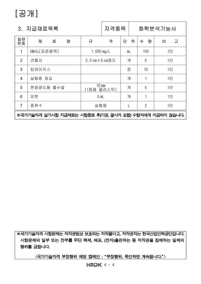 화학분석기능사 공개문제 4쪽 (한국산업인력공단 공식)