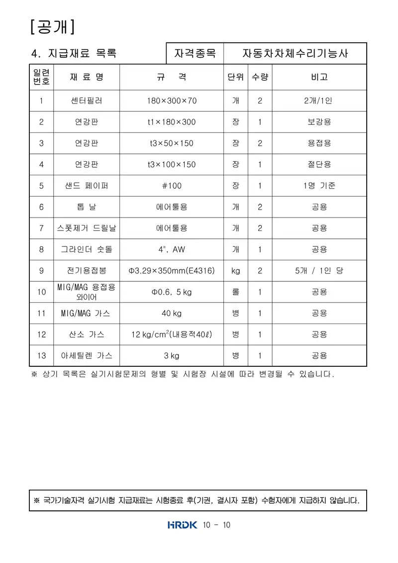 자동차차체수리기능사 공개문제 10쪽 (한국산업인력공단 공식)