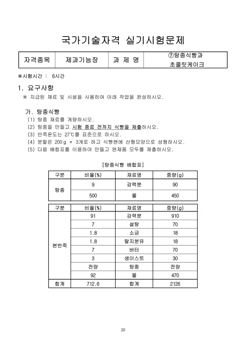 제과기능장 공개문제 20쪽 (한국산업인력공단 공식)