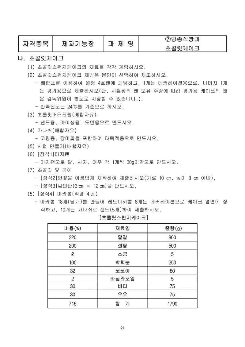 제과기능장 공개문제 21쪽 (한국산업인력공단 공식)