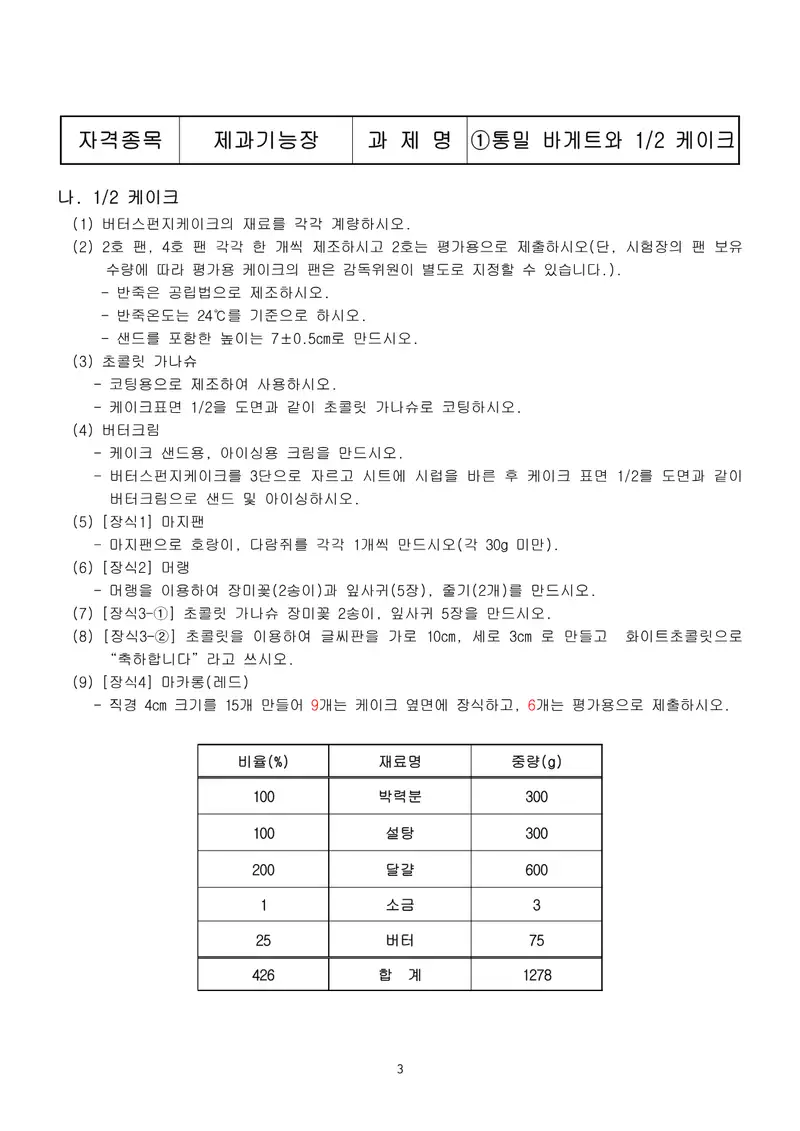 제과기능장 공개문제 3쪽 (한국산업인력공단 공식)