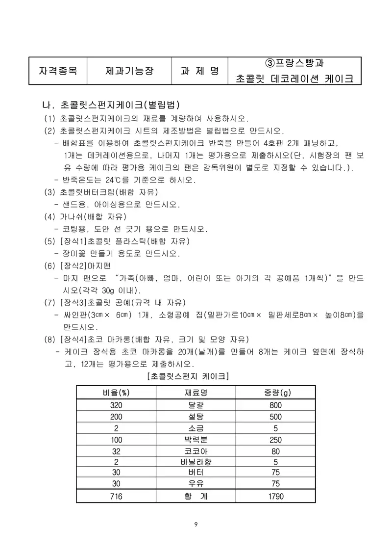 제과기능장 공개문제 9쪽 (한국산업인력공단 공식)