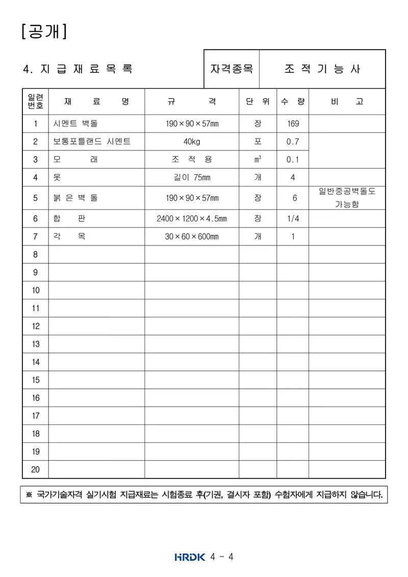 조적기능사 공개문제 4쪽 (한국산업인력공단 공식)
