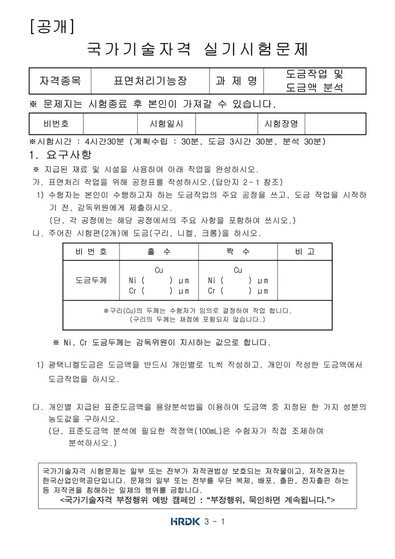 표면처리기능장 공개문제 1쪽 (한국산업인력공단 공식)