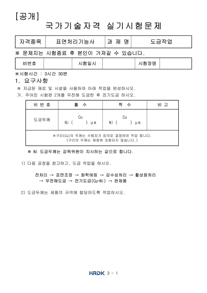 표면처리기능사 공개문제 1쪽 (한국산업인력공단 공식)