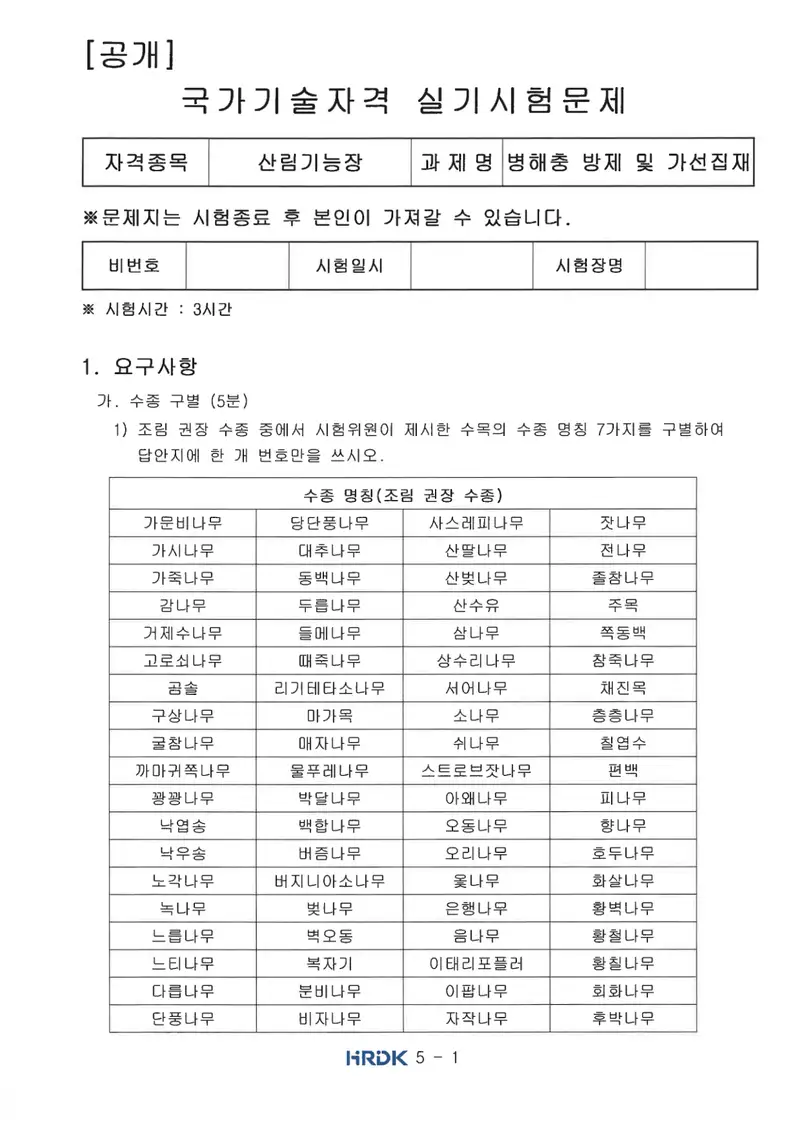 산림기능장 공개문제 1쪽 (한국산업인력공단 공식)
