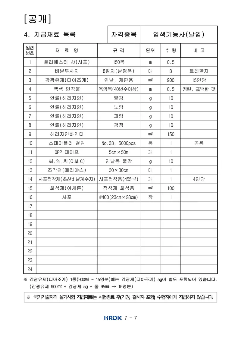 염색기능사(날염) 공개문제 7쪽 (한국산업인력공단 공식)
