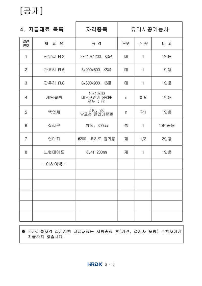유리시공기능사 공개문제 6쪽 (한국산업인력공단 공식)